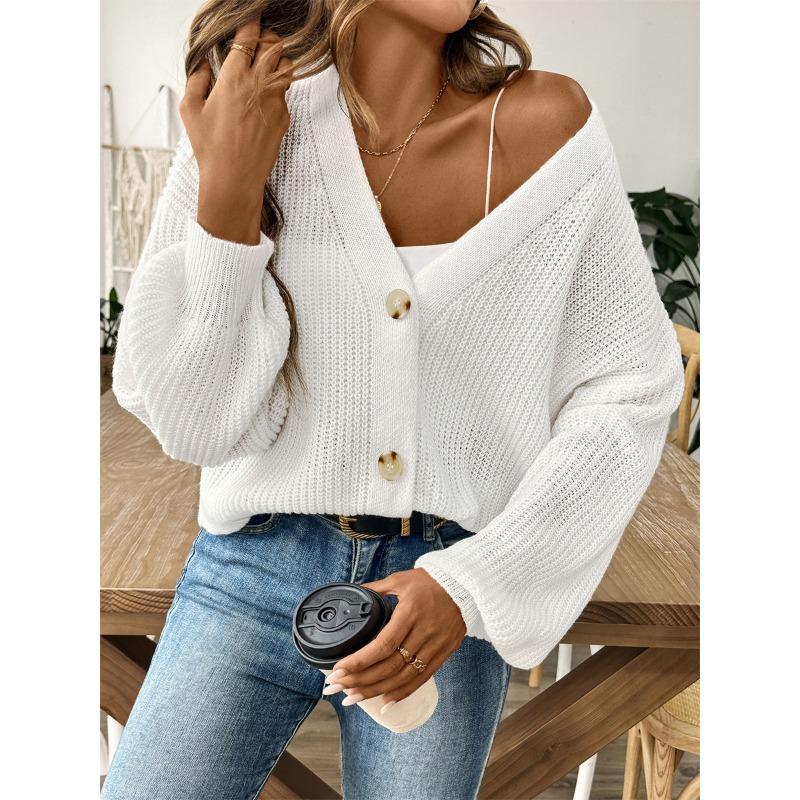 

Autumn Winter V-neck Solid Color Loose Casual Cardigan Top Women Simple All-match Sweater Coat Outwear S