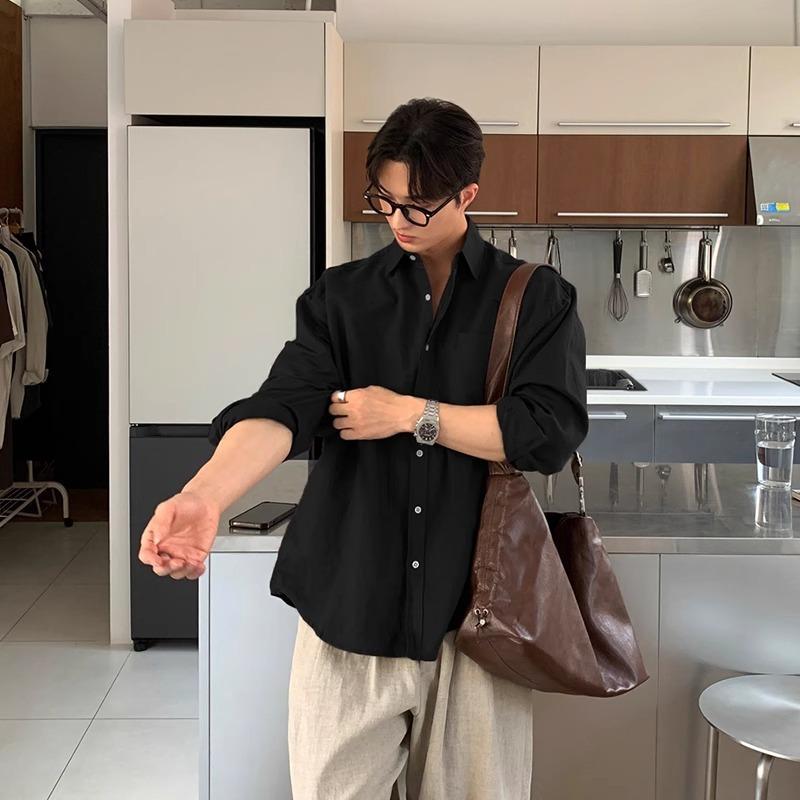 Men s Spring/Fall Collared Casual Relaxed-Fit Cotton-Linen Long-Sleeve Shirt: Solid-Color Stylish Commuter Button-Down Jacket XS чёрный