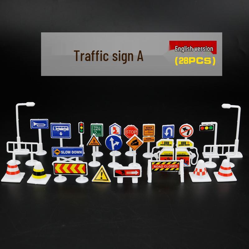 Children's DIY Model Parking Scene with 28-Piece Road Signs and Traffic Signposts Set, Including Free Gifts.