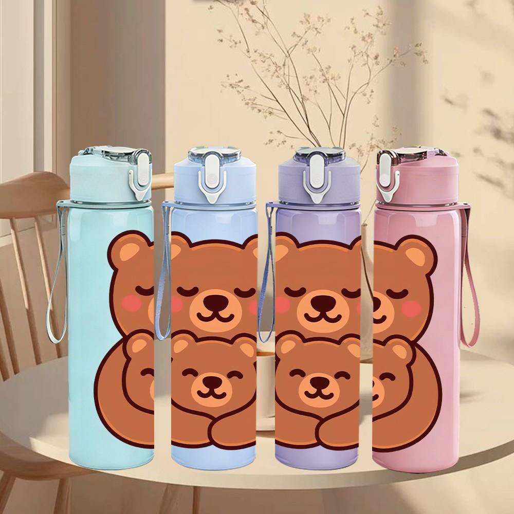 1PC Two Brown Bear Warm Hug Cartoon Print 750ml Color Plastic Sports Water Bottle Leakproof Flip Straw Lid Suitable for Sports Office Home Use