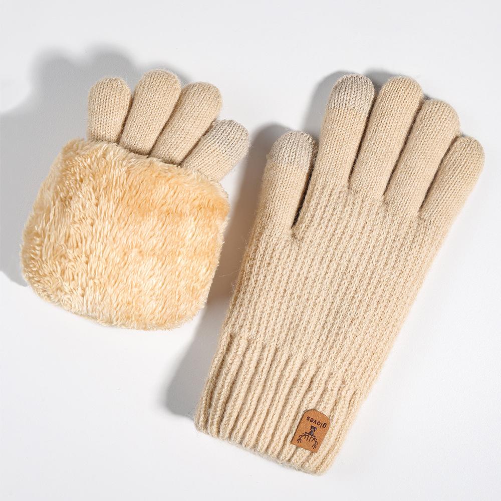 

Autumn Winter Version Touchscreen Gloves Five Finger Gloves Plush Warm Knitted Soft Warm Outdoor Riding Commuting бежевый