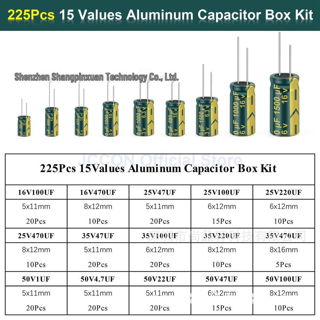 225-Piece High-Frequency Aluminum Electrolytic Capacitor Kit, 15 Varieties, 16V-50V Through-Hole, Green.