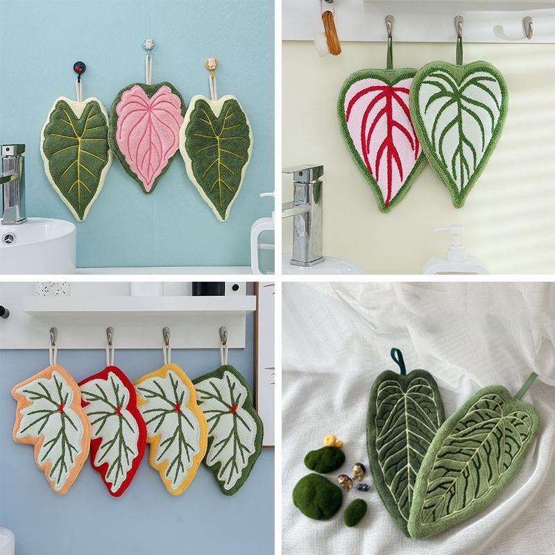 Leaf-Shaped Hanging Hand Towel Soft Coral Fleece Tea Towels Super Absorbent Bath & Kitchen Towel Decorative Towels Home Decor