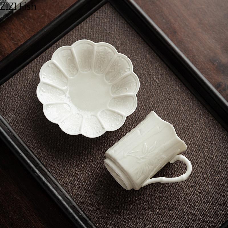 BRBamboo Patterned Ceramic Coffee Cups Saucers Home Dining Table Handmade Ceramic Coffee Cup Afternoon Tea Teacup Coffees Mug GiftEY