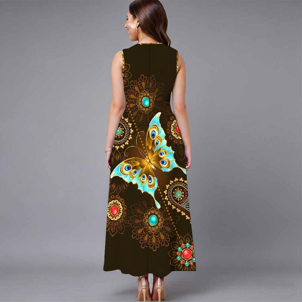 Oversized Sleeveless Round Neck Dress Elegant Clustered Floral Print Knee Length Flowy Dress