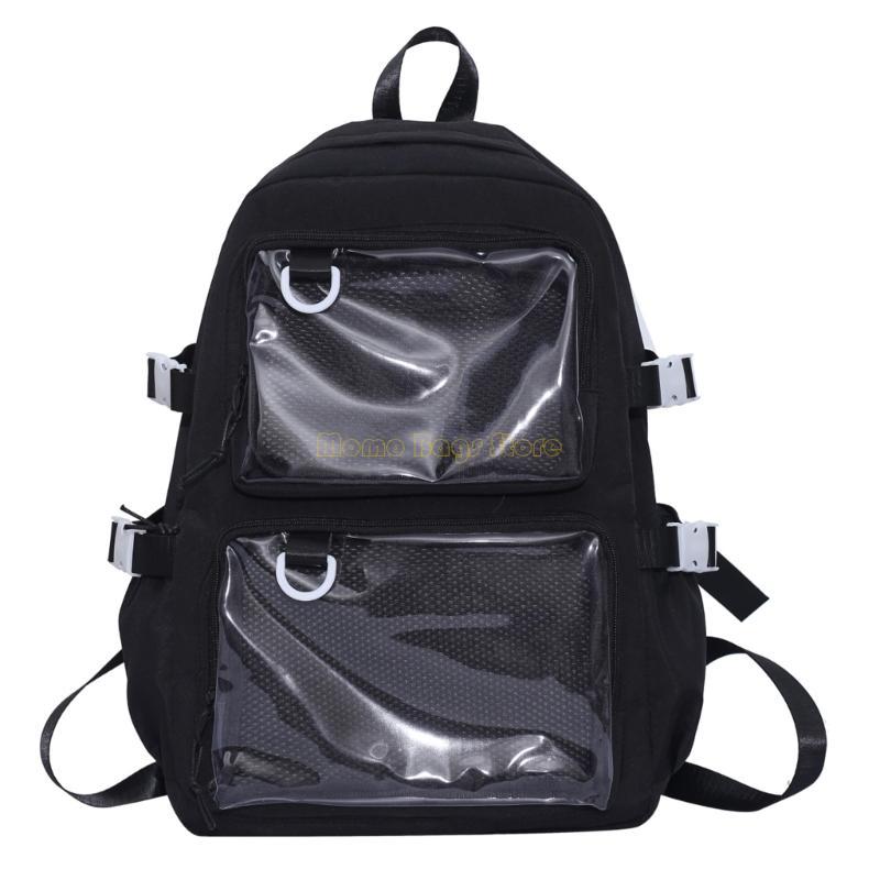 

X90D Рюкзак из нейлона для студента колледжа через плечо Итабаг Японский прозрачный большой вместимости школьный рюкзак для демонстрации аниме-значков чёрный