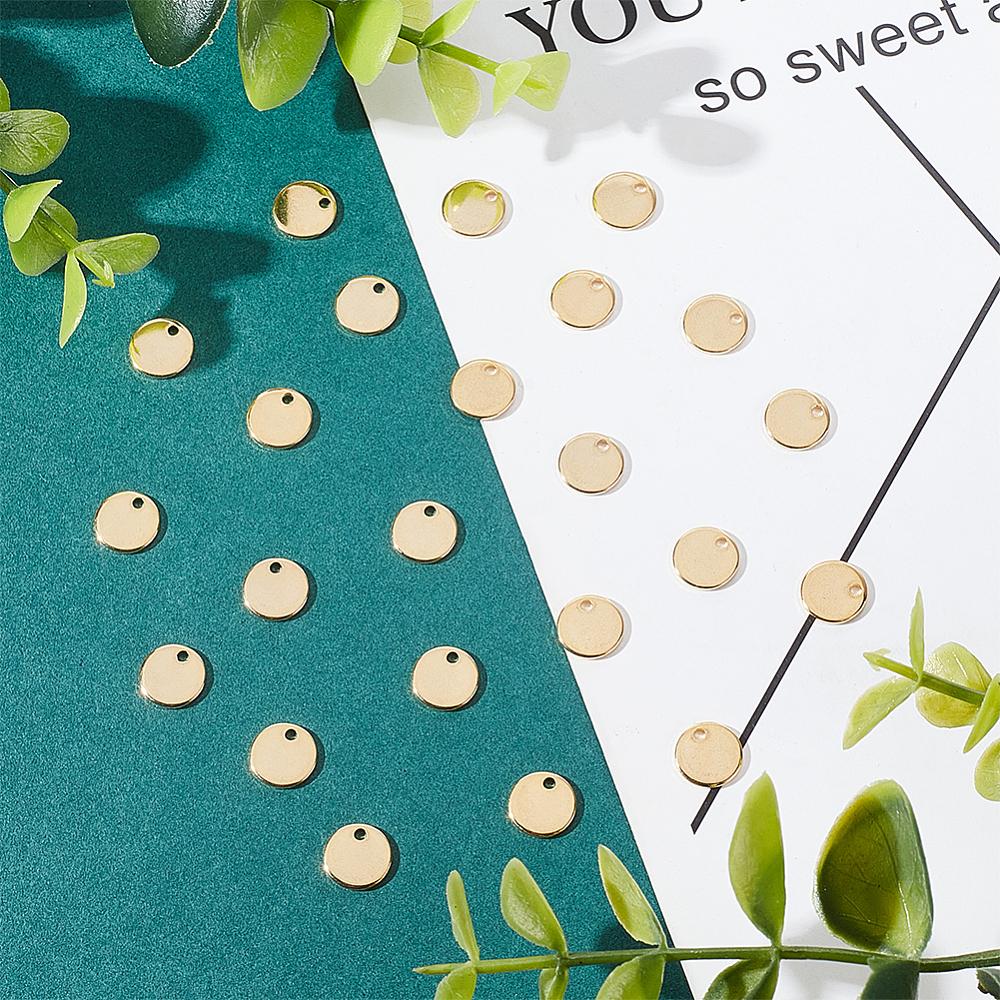 100Pcs 304 Stainless Steel Charms Stamping Blank Tag Flat Round Golden 8x1mm Hole: 1.4mm