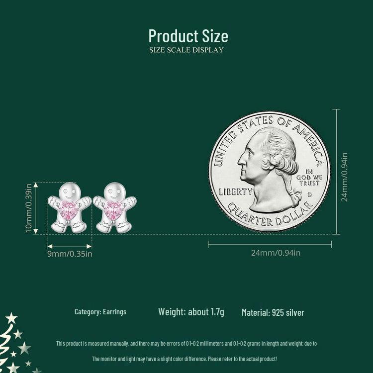 Yinziyun Gingerbread Man and Pink Heart Zircon S925 Sterling Silver Stud Earrings for Women
