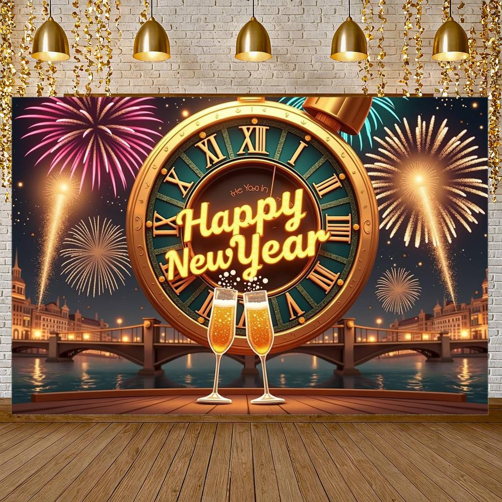 Event Banner Classic Clock Banner New Year Banner City Night View New Year Decoration For New Year Photoshoot Indoor