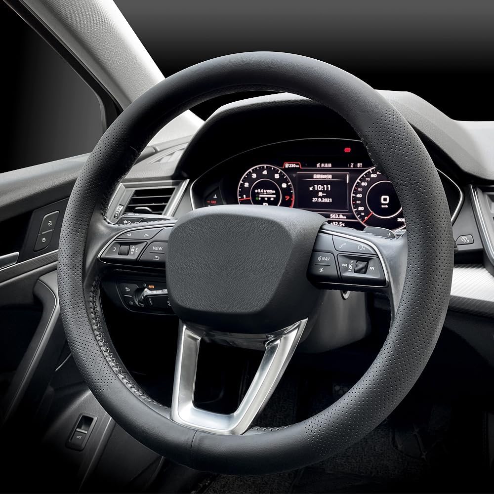 LKWLIKEI Nappa Premium Leather Car Steering Wheel Cover, Non-Slip, Breathable, Universal 15 Inches, Black.