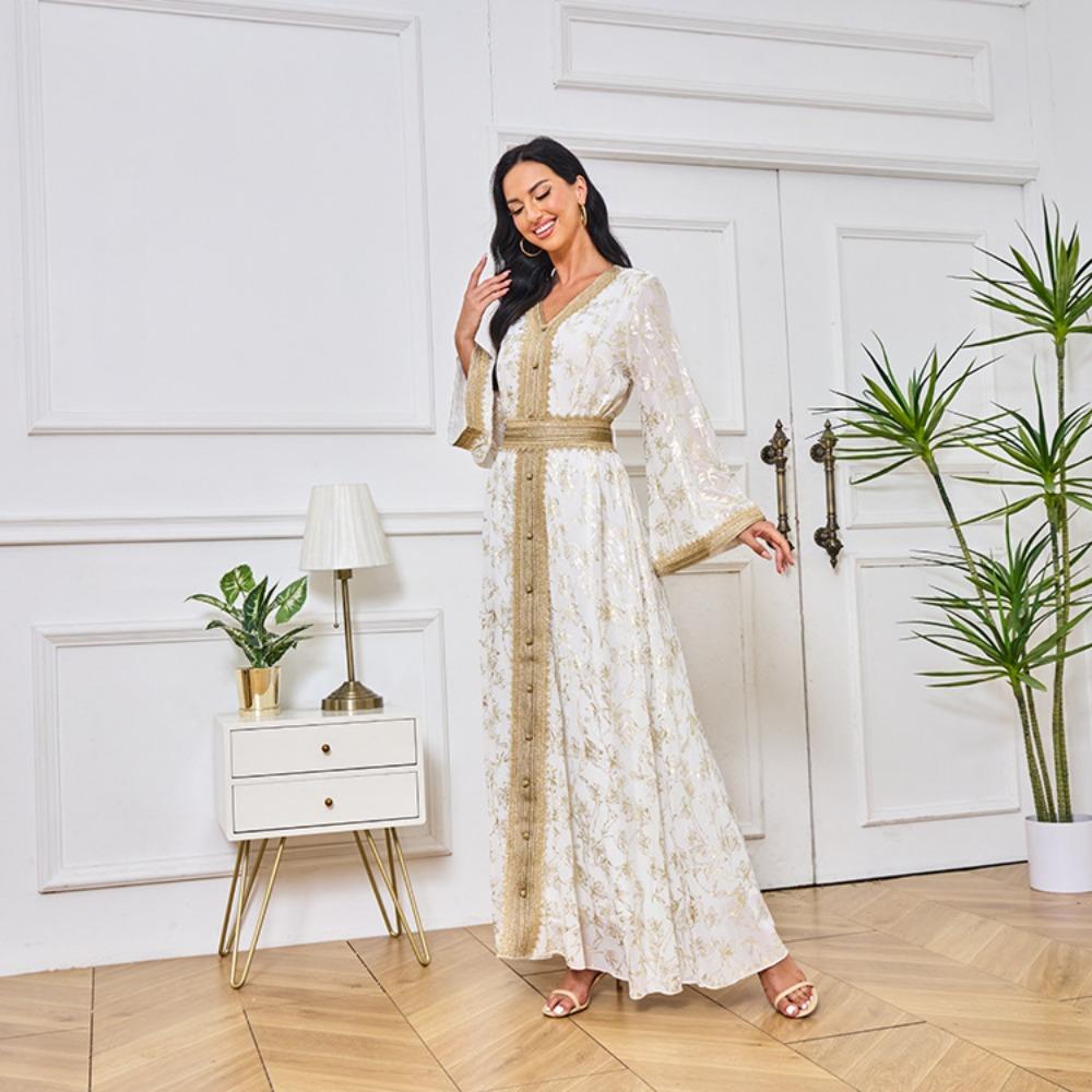 Women's Evening Gown: Stylish Long Dress Featuring Textured Floral Patterns and Gold Foil Accents