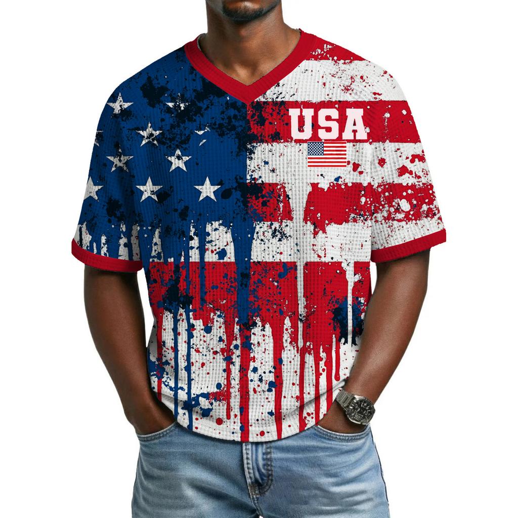 Men's Casual And Fashionable Flag-color Printed Short-sleeved Shirt. Men's Breathable V-neck Short-sleeved Shirt.