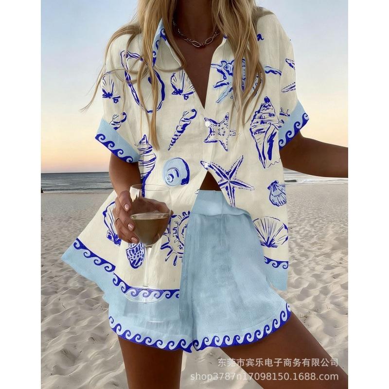 Conjunto de pantalones cortos de playa y camisa de manga corta para mujer, multicolor, vida marina, ocio, vacaciones, conjunto de dos piezas