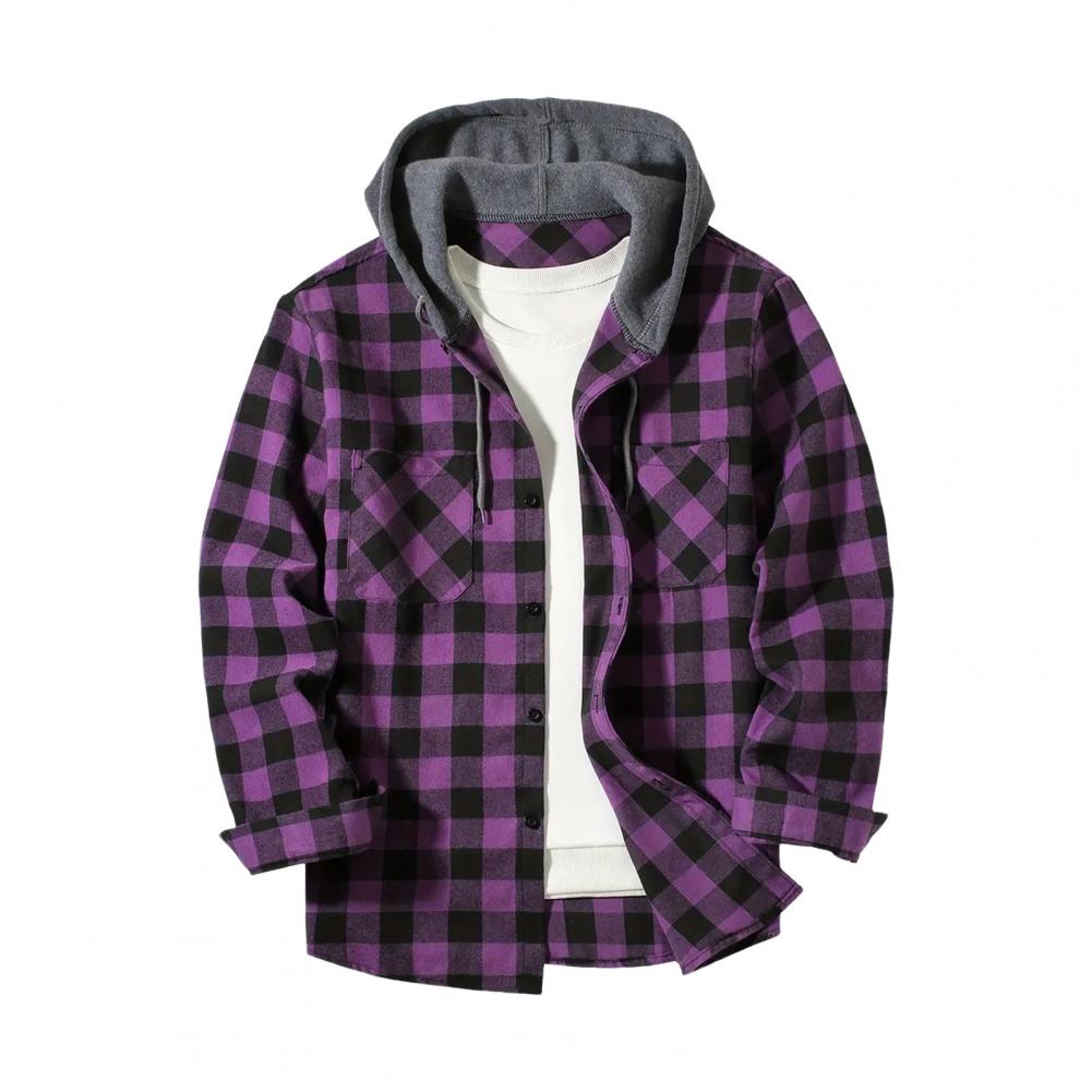 Fall Spring Men Shirt Hooded Drawstring Long Sleeves Color Matching Plaid Print Single-breasted Daily Wear School Home Shirt Coa