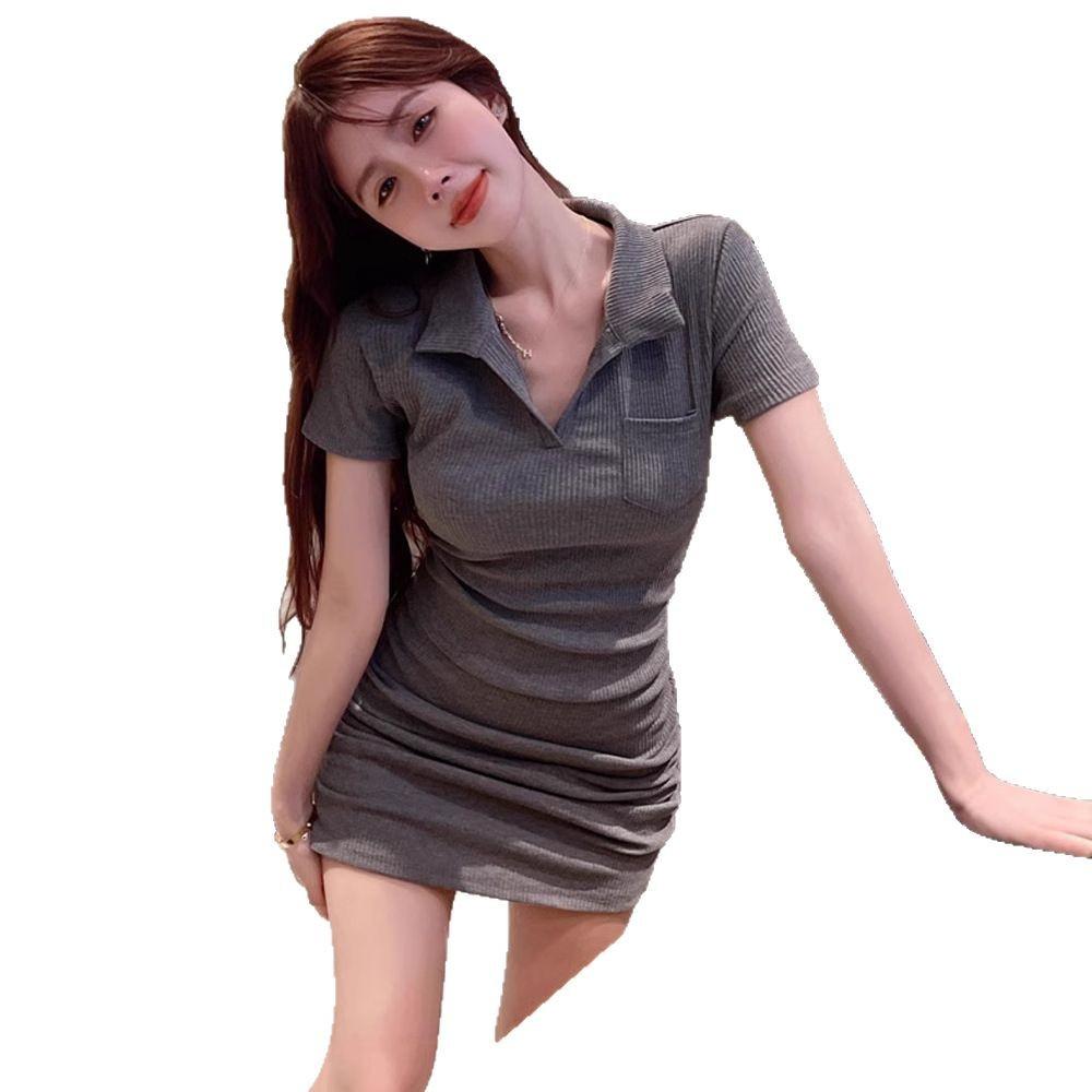 POLO Collar Short-sleeved Dress Women's Summer Slim-fitting Sexy Waist Spice Girl Hip-wrapped Short Skirt Chic High-end Skirt