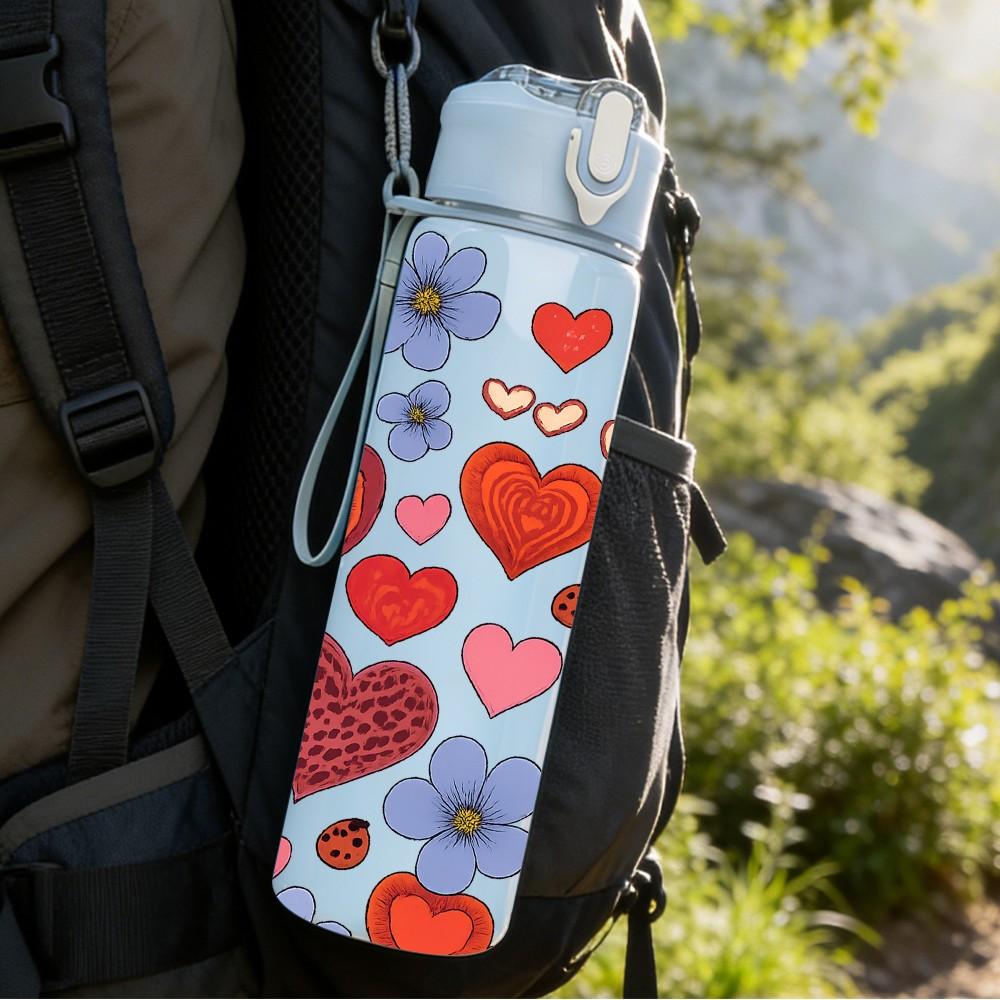 1PC Red Pink Heart Love Dense Pattern Print 750ml Color Plastic Sports Water Bottle Leakproof Flip Straw Lid Suitable for Sports Office Home Use