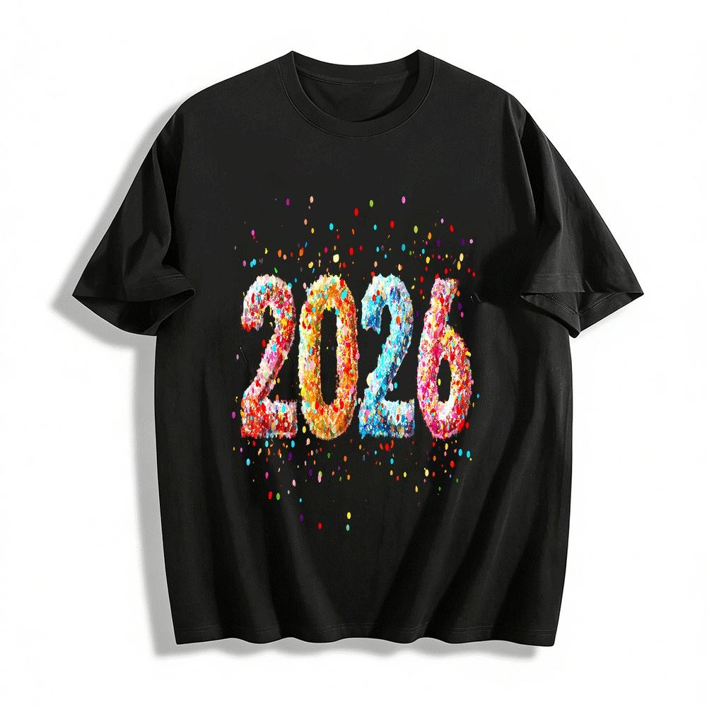 2026 New Year Themed Glitter Print Casual Versatile Crewneck Top Pure cotton T-shirt XXS