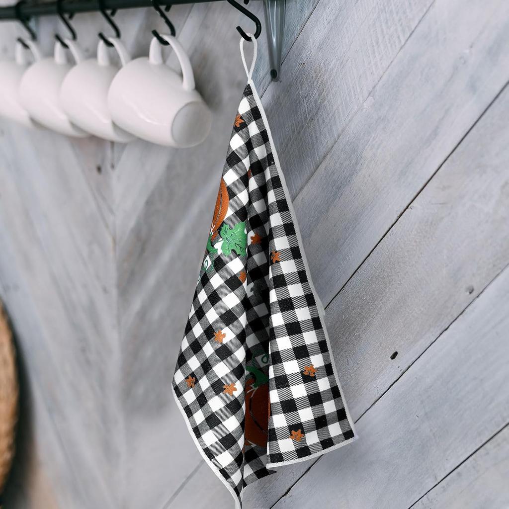 Hosuly 4 Pcs Fall Kitchen Towels Fall Dish Hand Tea Towels Pumpkin Buffalo Plaid Absorbent Fast Drying Dishcloths for Autumn Harvest Bathroom Decor