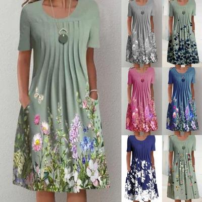 Fashion Short Sleeve Print Crew Neck Women Summer Dress Pocket Floral Casual Simple A-line Party Medium Length Dress Slim Fit Pleated Loose Clothing