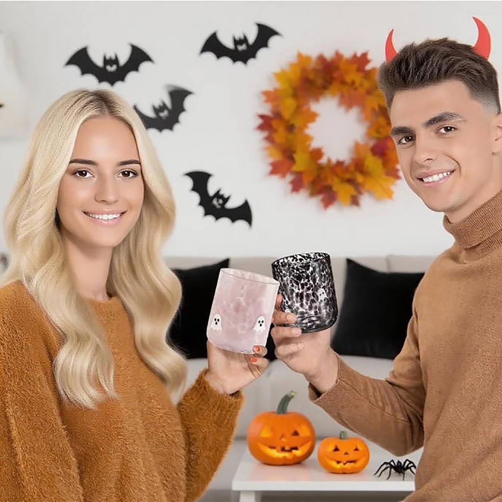 2 Pcs 14 Oz Halloween  Glass Cups Juice Glass Old Fashioned Hand Blown Drinking Cups Cute Spooky Drinkware Gift Set For Halloween Party Dec