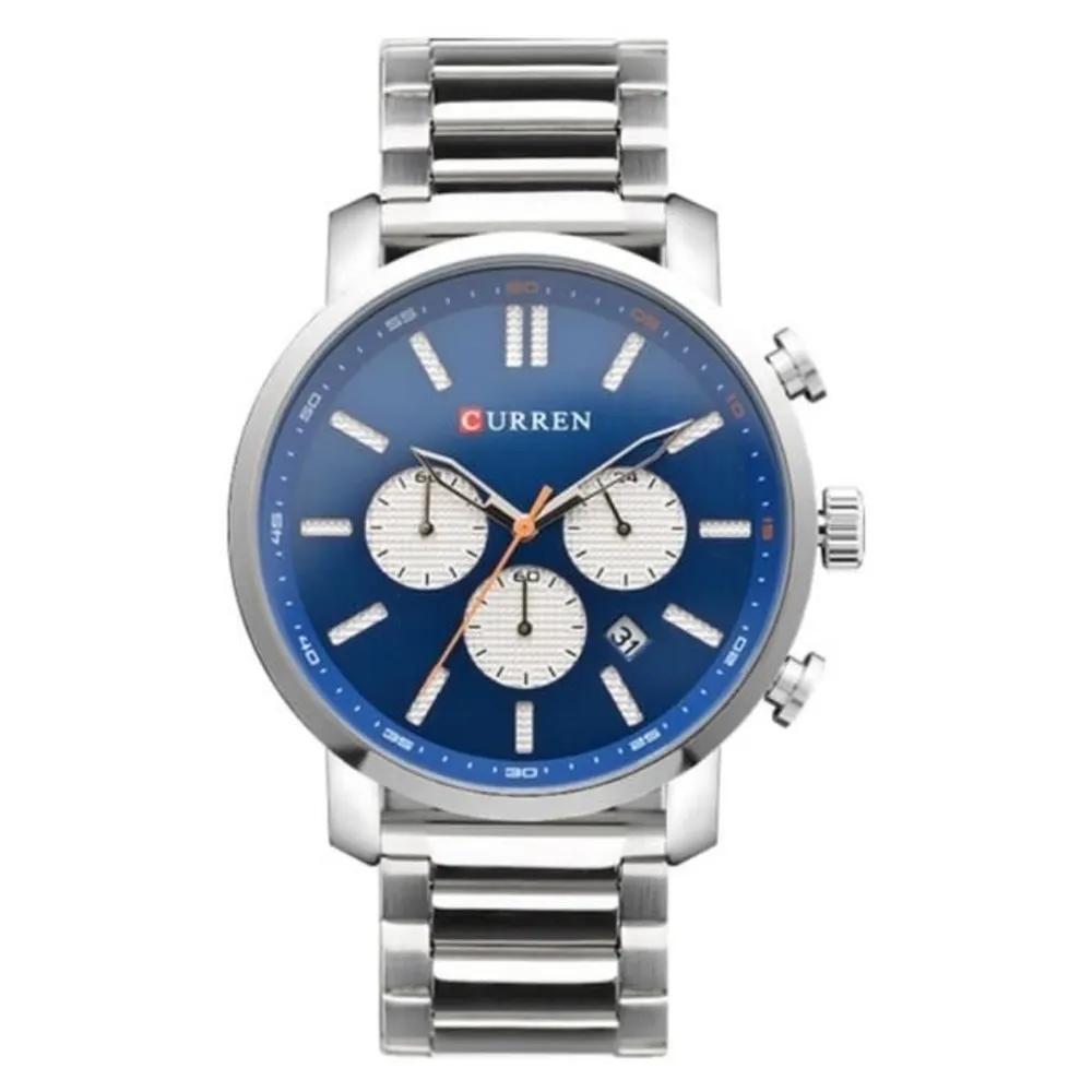 Men s wrist blue silver round steel watch A20390_Silver