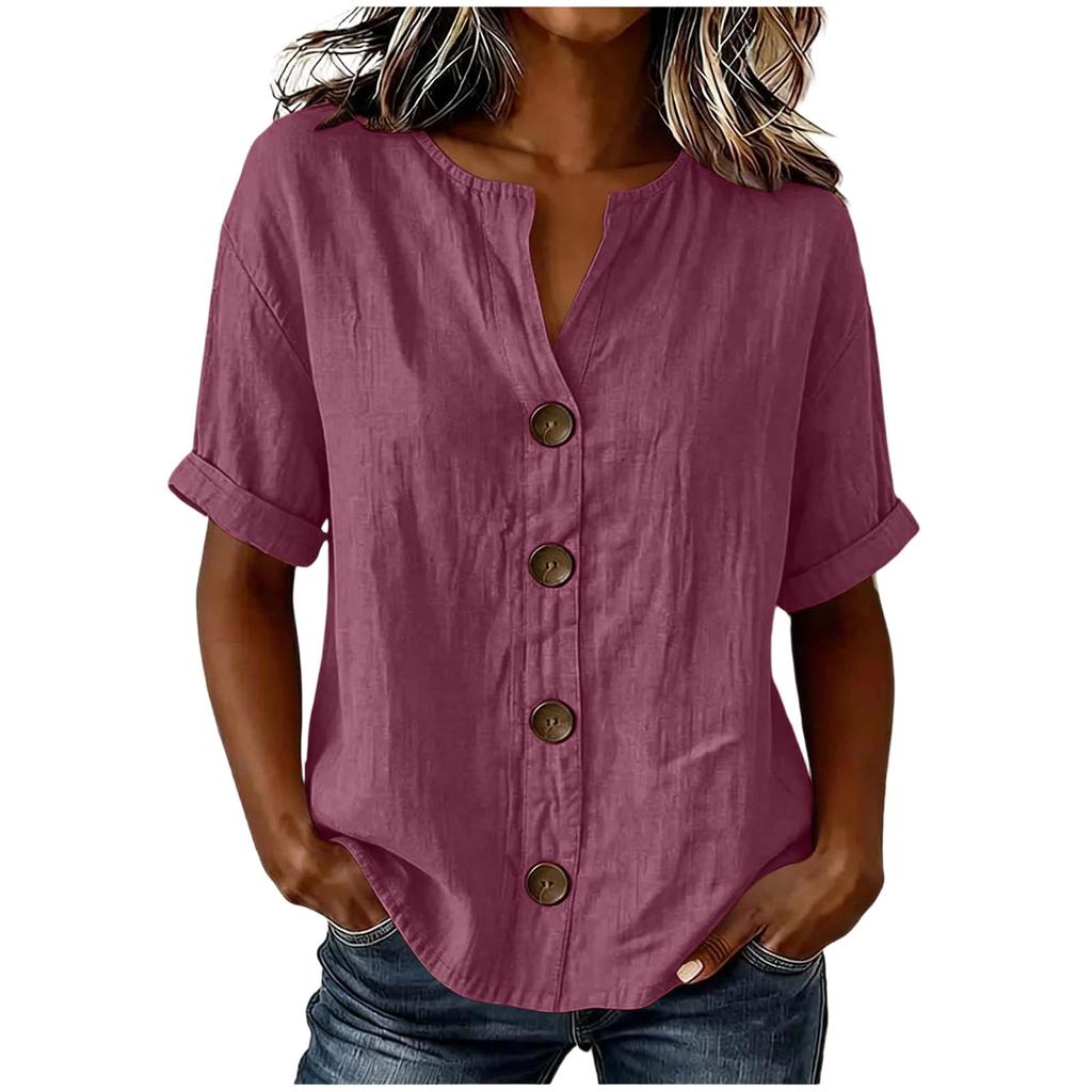 Women'S Elegant V Neck Short Sleeve Button Down Cotton Linen Blouse, Solid Color Summer Office Casual Top