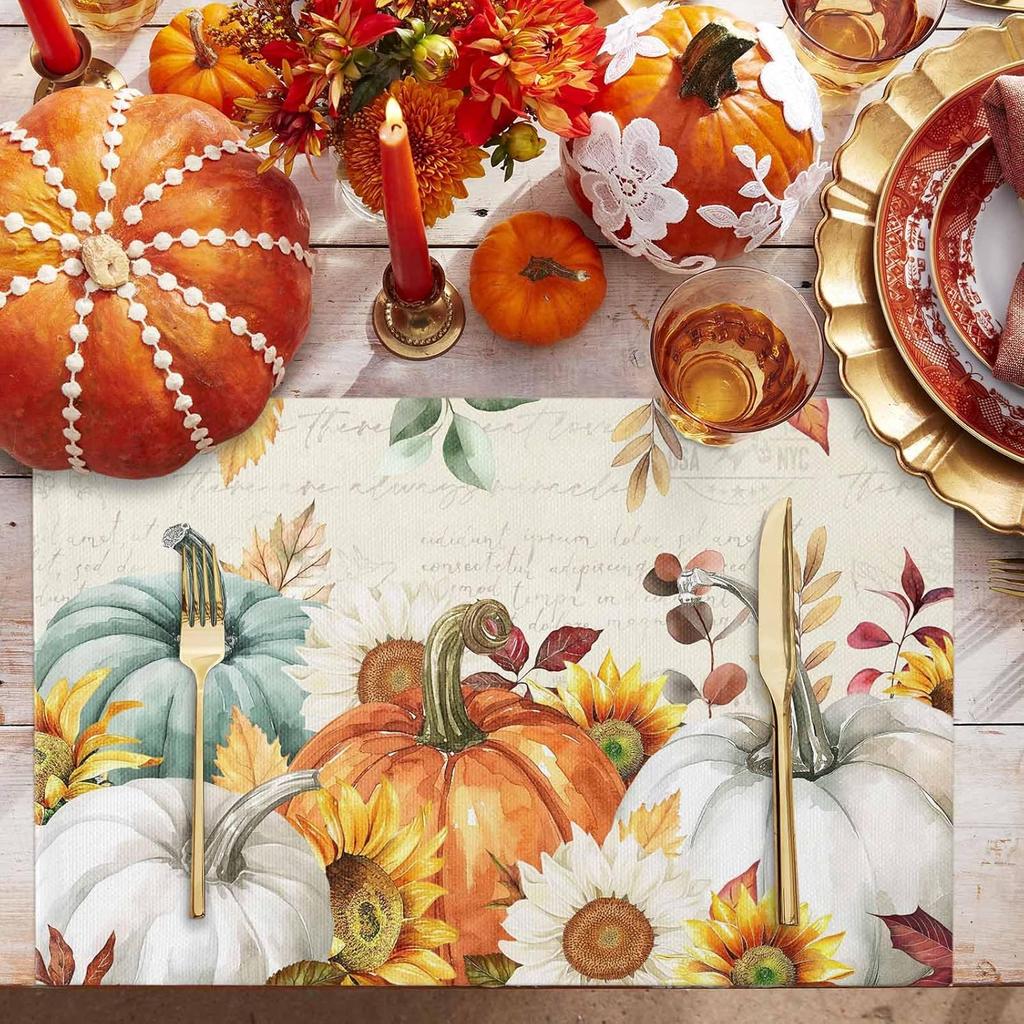 Fall Placemats Set of 6 Thanksgiving Pumpkin Table Mats, Farmhouse Sunflower Seasonal Holiday Outdoor Dining Table Place Mats for Home Party