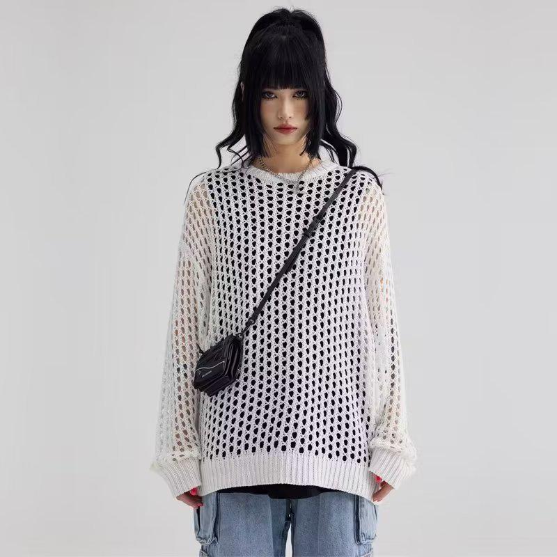 

2023 Унисекс Модный Свободный Ажурный Дизайн Круглый Вырез Свитер M белый