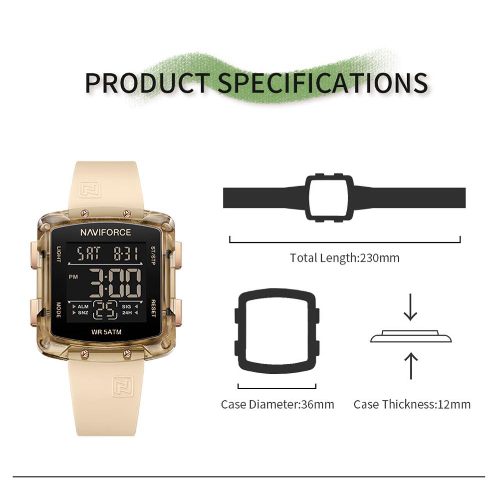 NAVIFORCE Original Unisex Digital Watch for Women Men LCD Display Luminous Pattern Chronograph Silicone Strap Waterproof Boys Girls Watch NF7121