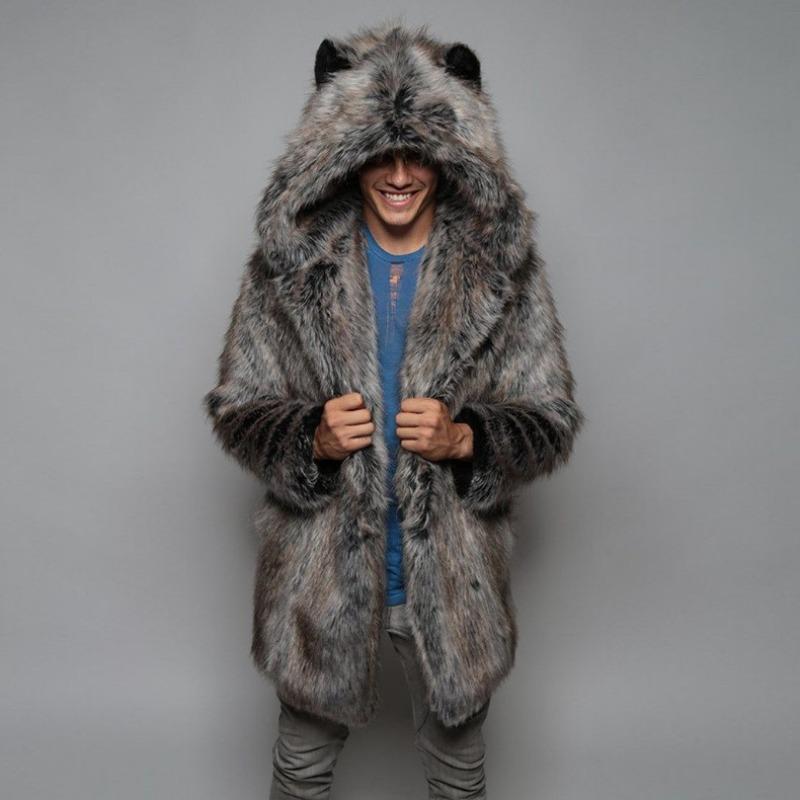 Winter Men s Faux Fur Wolf Ear Hooded Coat Warm Thickened S серый