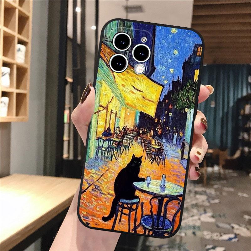 

Phone Case Carcasa Funda For iPhone 17 Pro Max 17 Air 16 15 14 13 Pro Max 15 16 Pro 15Plus Art Black Cat Wave Van Gogh iphone 15Pro