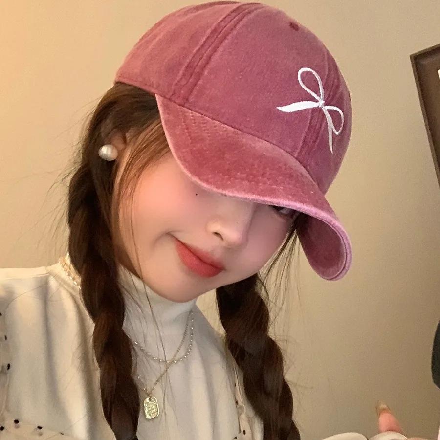 Retro washed old bow embroidered baseball hat for women in spring summer large brim plain faced duckbill cap Men