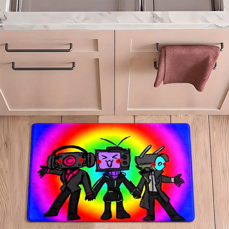 Skibidi Toilet Flannel Kitchen Floor Mat Absorbent Non-Slip Soft Standing Mat Washable Comfortable Kitchen Rug for Home Sink Laundry