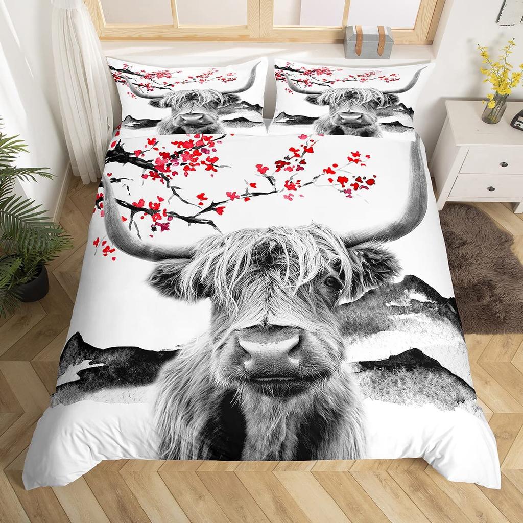 Highland Cattle Floral Cow Yellow Sunflower Animal Bedding Set Boys Girls Twin Queen Size Duvet Cover Pillowcase Bed Kids Adult