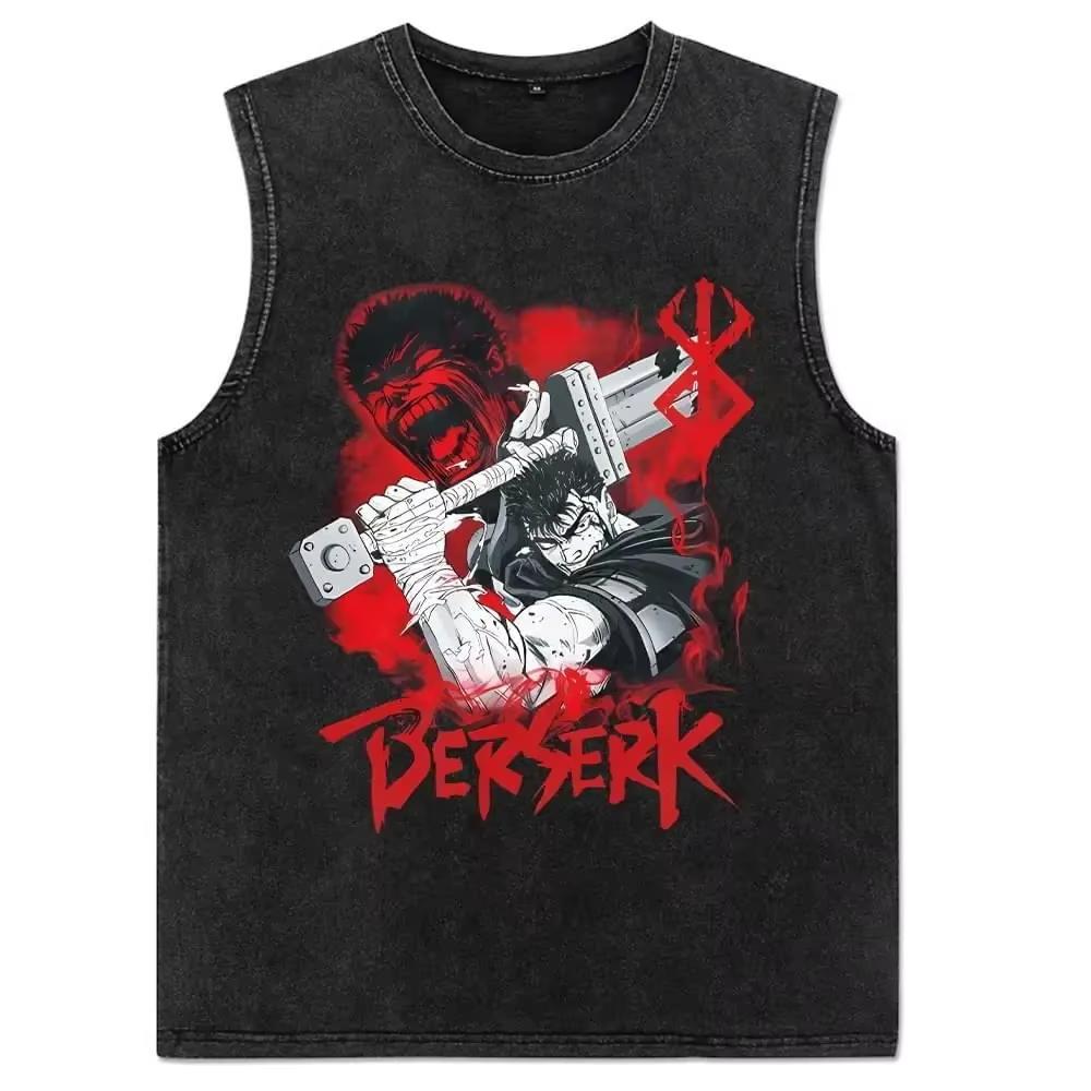 Vintage Washed Cotton Sleeveless Vest Harajuku Anime Print Loose Fit Streetwear Summer Men's Women's Tank Top