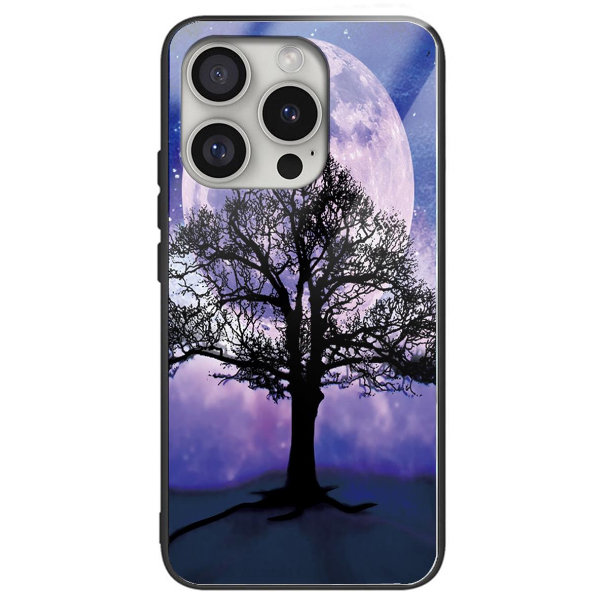 

For iPhone 16 Pro Max Case Pattern Printing Anti-Drop Tempered Glass+TPU Phone Cover Tree and Moon