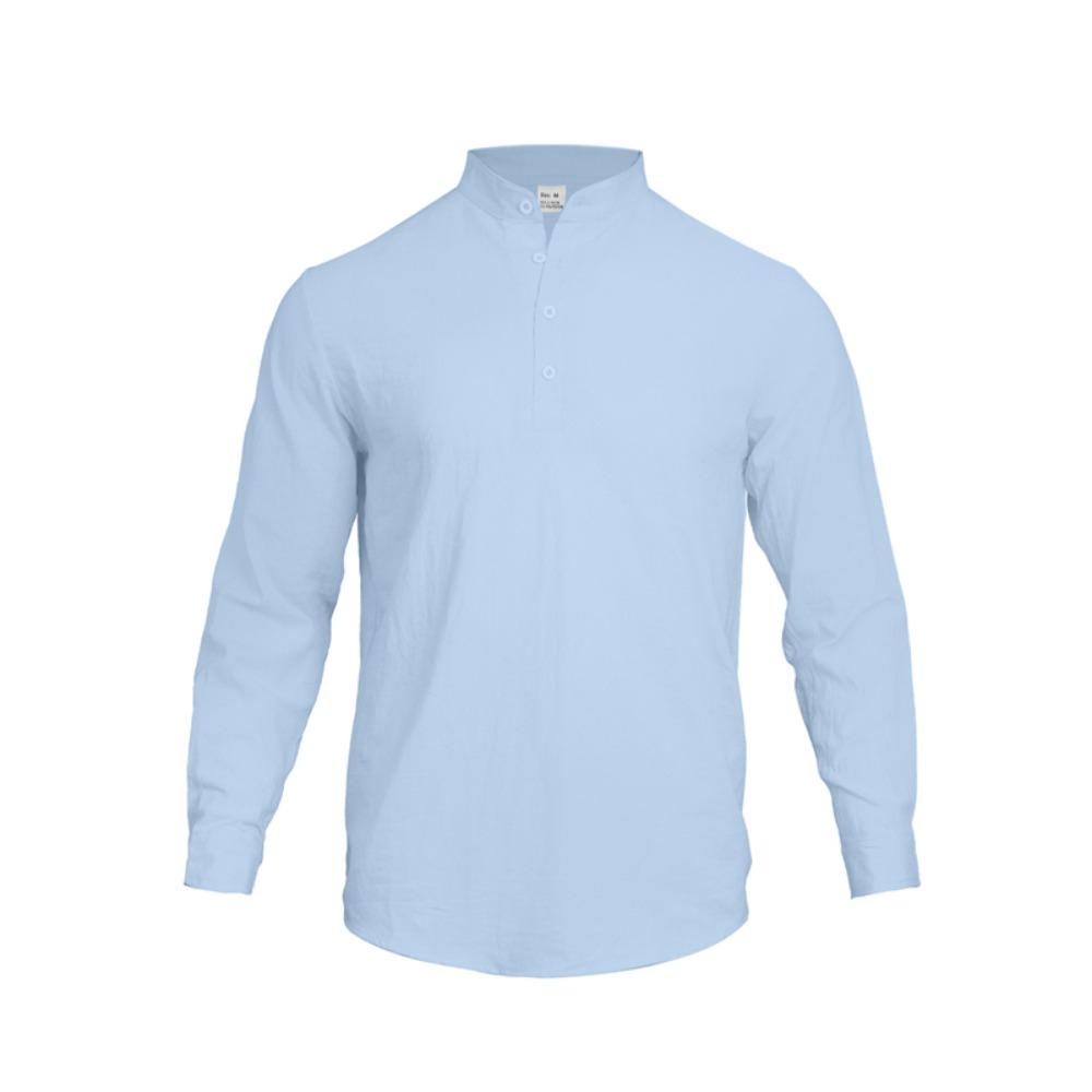 Pánské bavlněné lněné tričko s dlouhým rukávem Tenký volný top Retro Vintage Módní městské oblečení Stojatý střih Mládežnická velikost