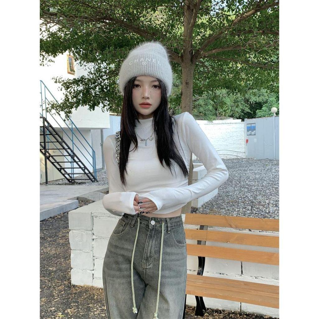 Women's Spicy Girl Ruched Semi-High Neck Slim Fit Long Sleeve Top