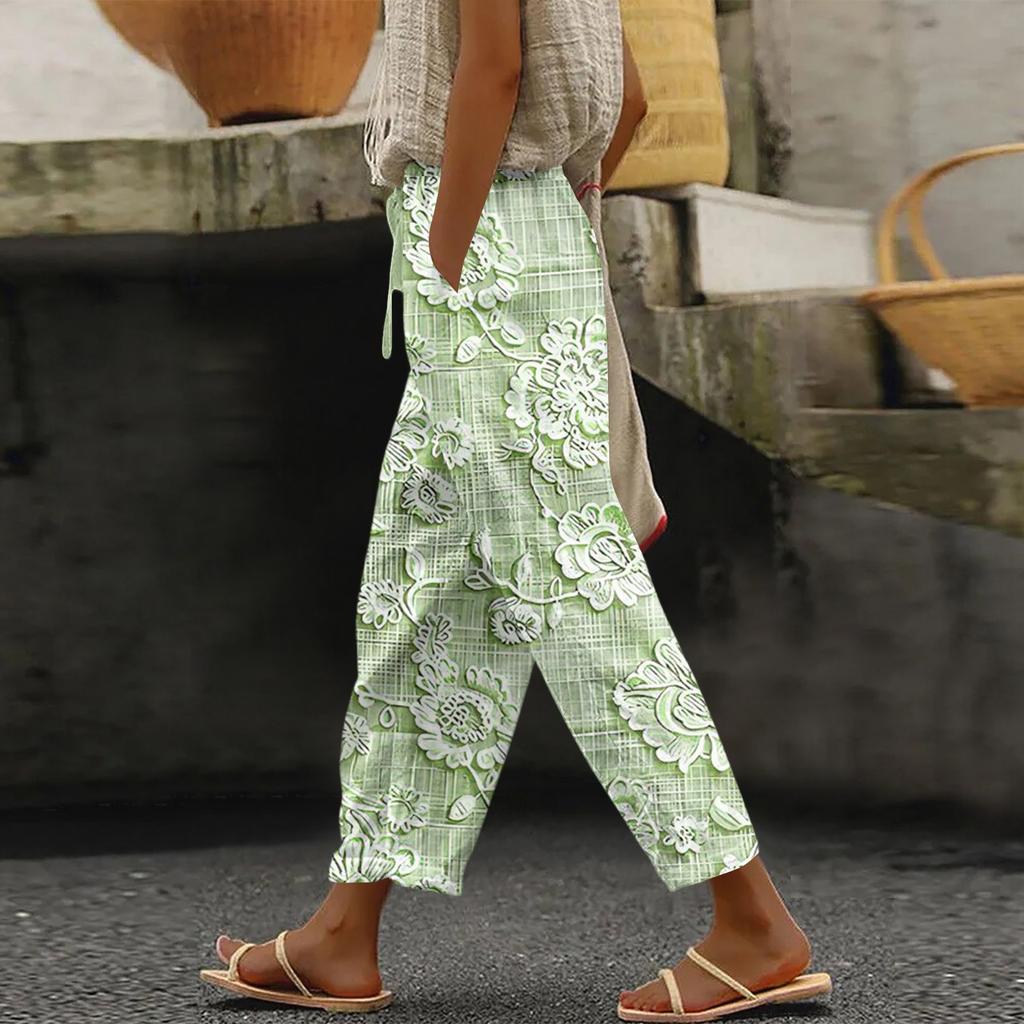 Damen Modische Hose mit Blumenmuster, Kordelzugtaschen und elastischem Bund für Freizeit