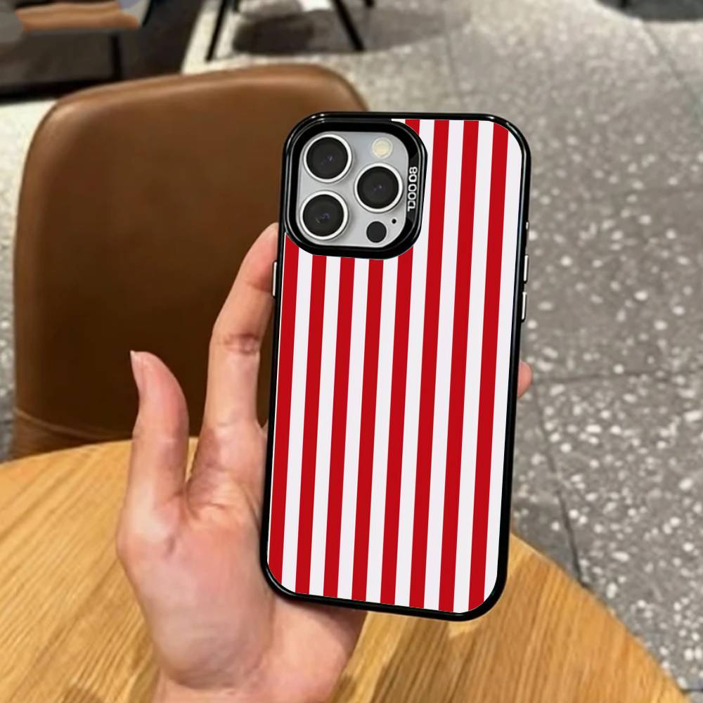 B-Burgundy White Stripe    Phone Case For iPhone17,16,15,14,13,12,11 Plus,Pro Max Colored Silver Plated Inside Cover