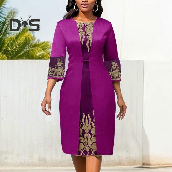 Frauen Retro Taille Eng Slim Fit Kleid O Neck 3/4 Hülse Stickerei Floral Spitze Nähte Kleid Kleid Streetwear