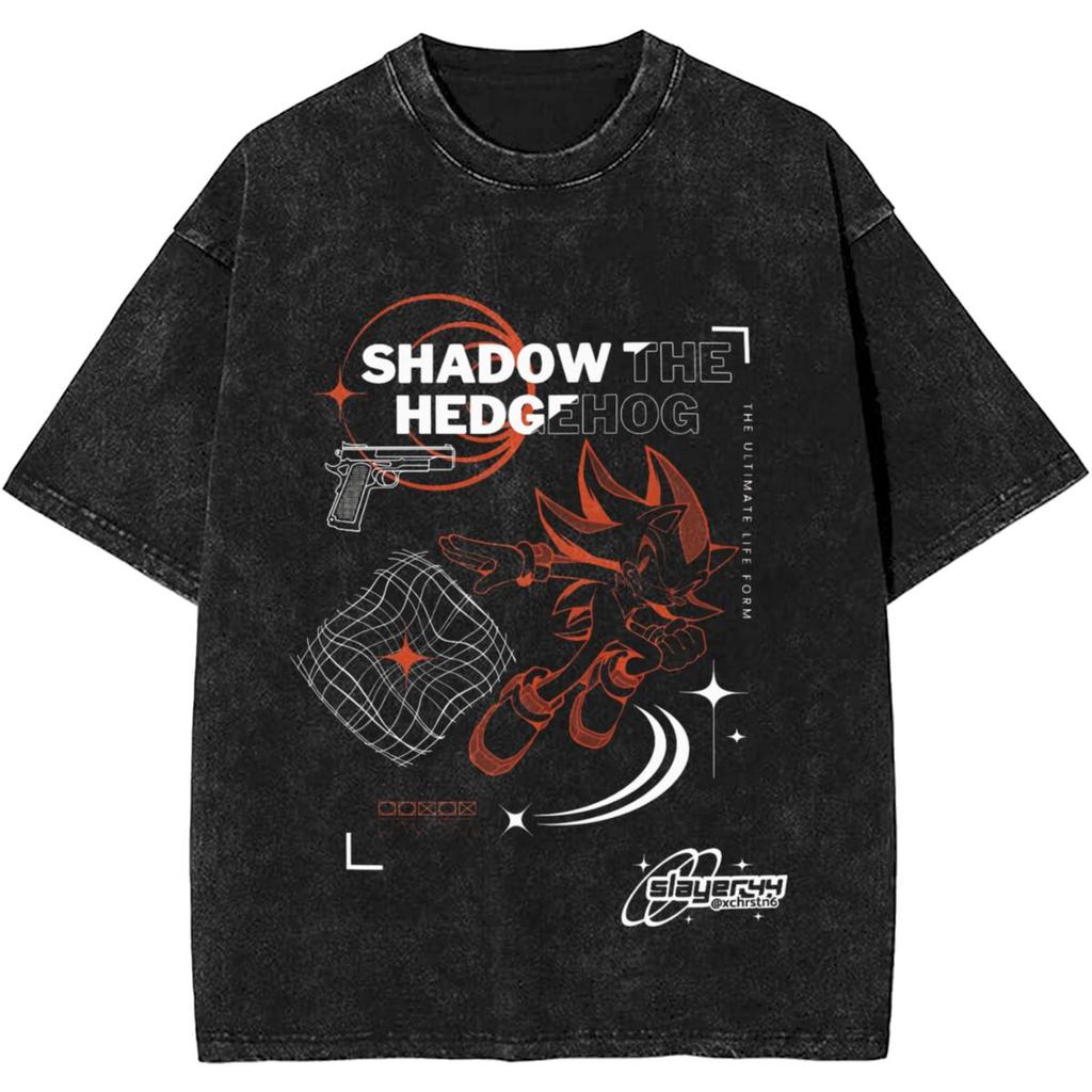 2025 Fashion Trend Pure Cotton Print Japanese Shadow Hedgehog Washed Unisex Y2K Retro Pure Cotton T-shirt Summer O-neck