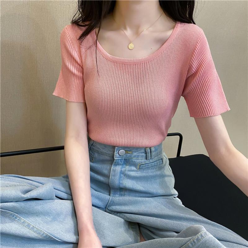 New Summer Round Neck Knitted Short Sleeve T-shirt Women Slim Fit Elastic Solid Casual Women's T Shirts Tops Fashion Elegant Simple Female Tee 26319