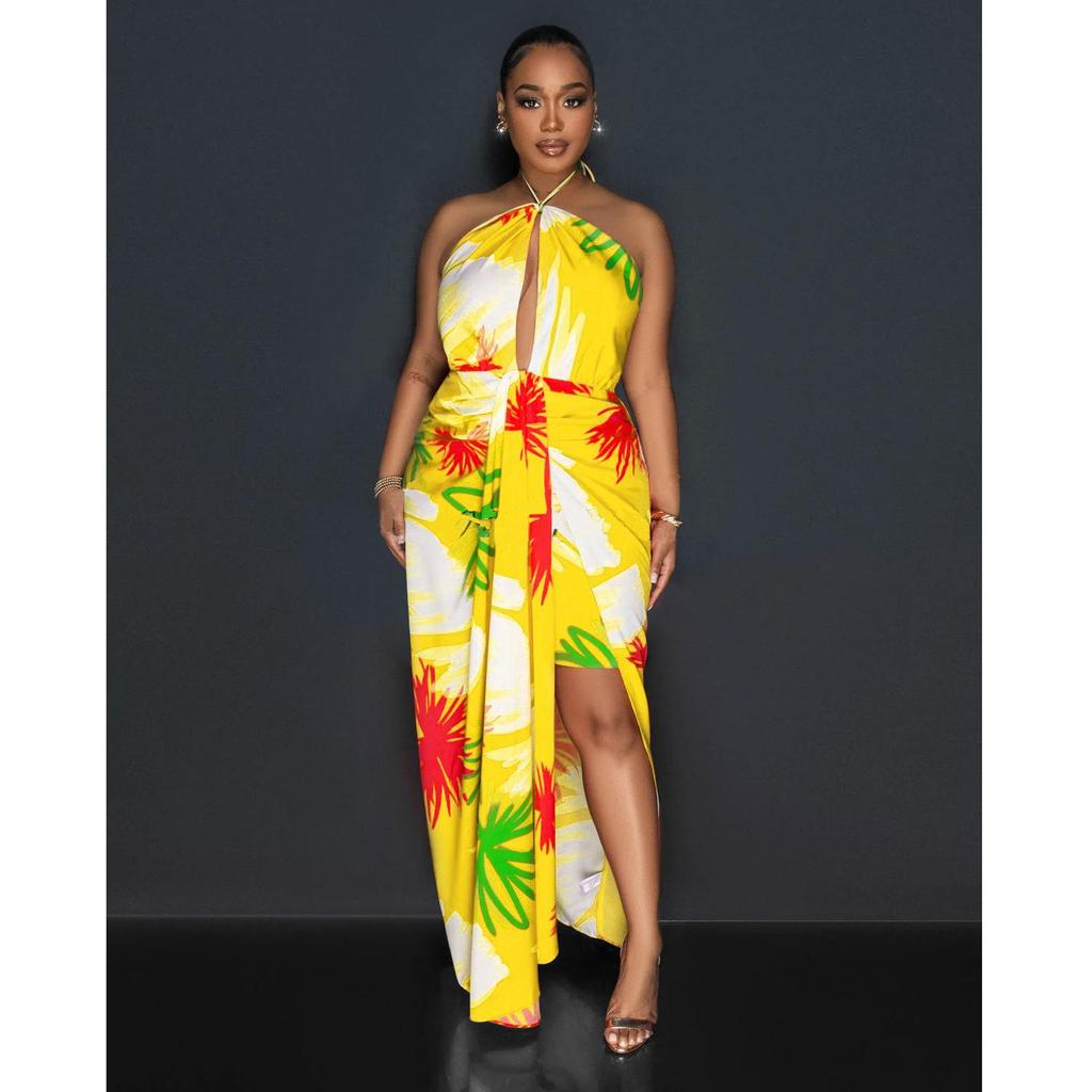 C6921 European & American Style Women's Printed Backless Lace-up Long Dress