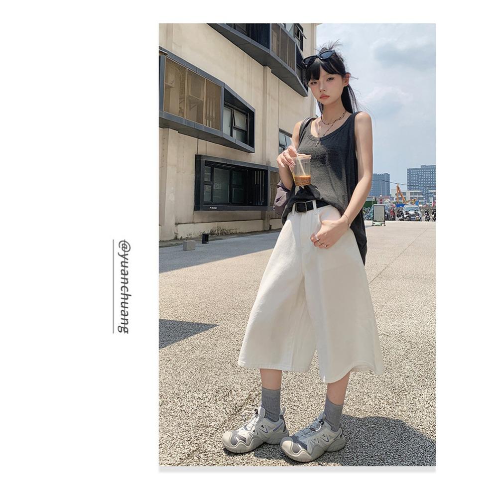 Retro džíny se širokými nohavicemi pro ženy unisex s vysokým pasem volného střihu zeštíhlující všestranné sedmikvartální nad koleno středně dlouhé kalhoty