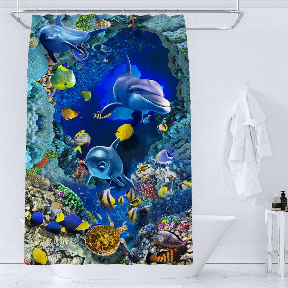 36X72 Inch Dolphin Shower Curtains Underwater World Marine Life Fabric Bath Curtain Kids Ocean Theme Bathroom Decor With Hooks