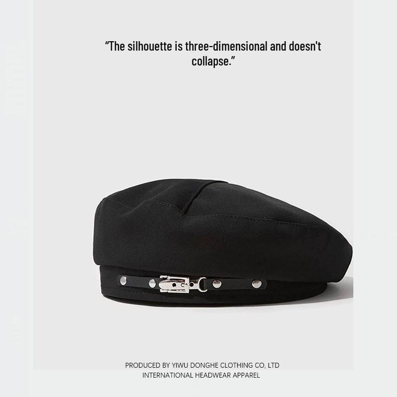 Korean Style Metal Buckle Beret for Women - Retro British-Inspired Painter's Hat
