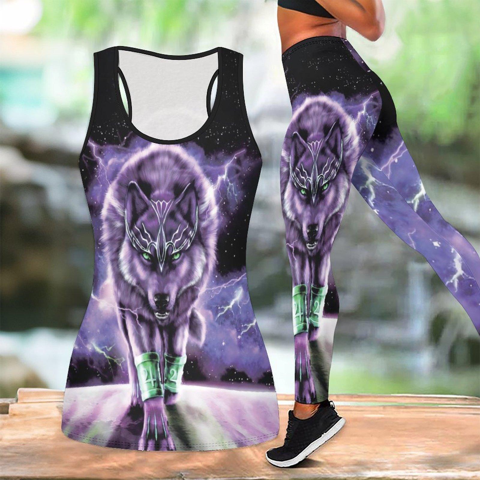 

Жіночий йога-комплект з принтом Вовчого Тотему Модні спортивні легінси та топ Комплект для фітнесу та спорту Повсякденний йога-набір Спортивний костюм XXL фіолетовий