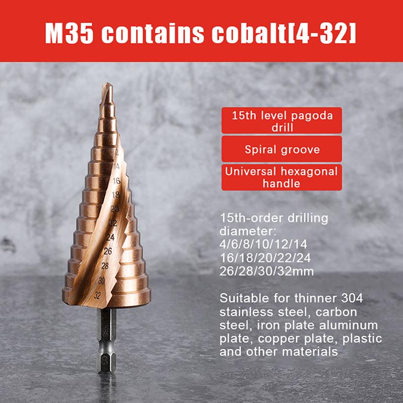 4-12/4-20/4-32mm Spiralnut Stufenbohrer M35 Kobalt Stufenbohrer Metall Kegelbohrer HSS Titanbeschichteter Bohrer