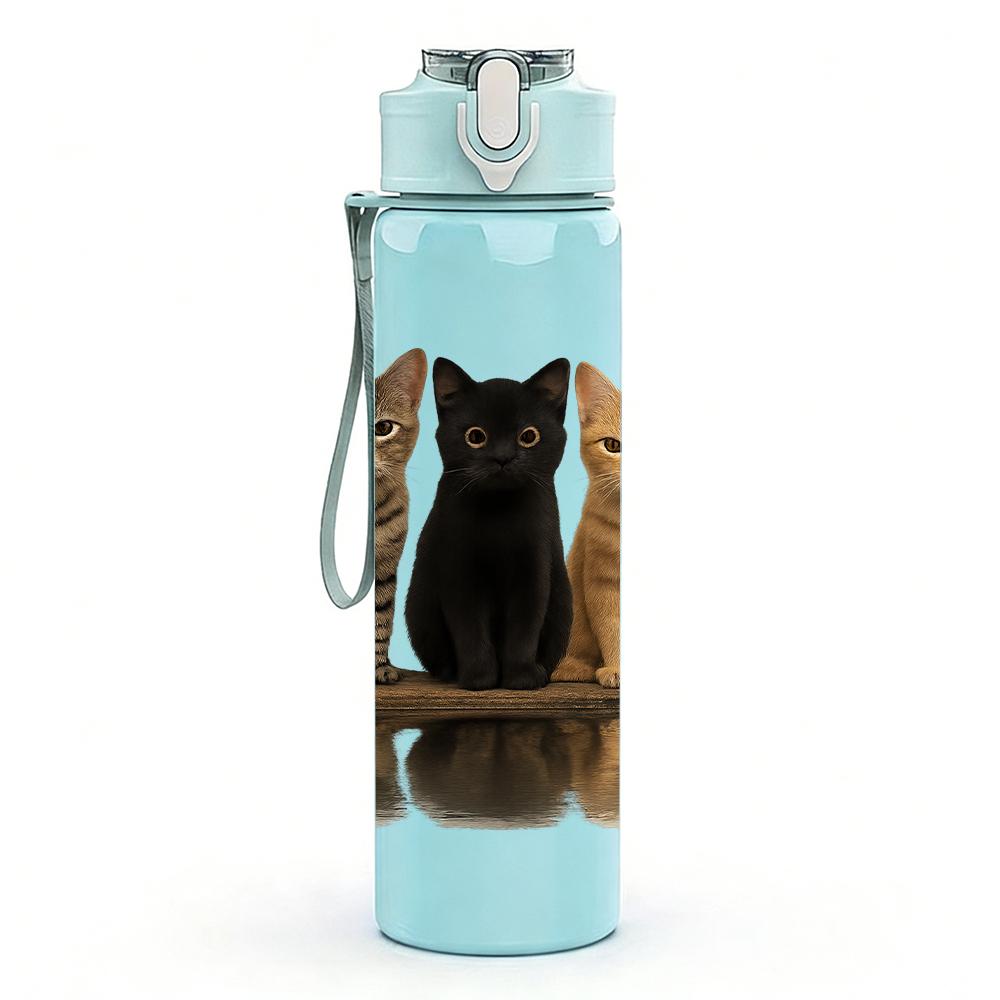 1PC Three Cats Wooden Platform Portrait 750ml Color Plastic Sports Water Bottle Leakproof Flip Straw Lid Suitable for Sports Office Home Use